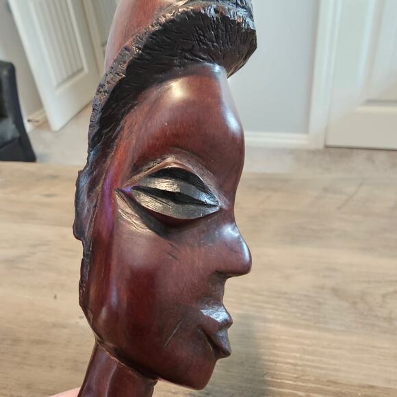 Vintage African Couple Carved Bust Wood Art Statues Handcrafted Tribal 10" - Picture 3 of 16